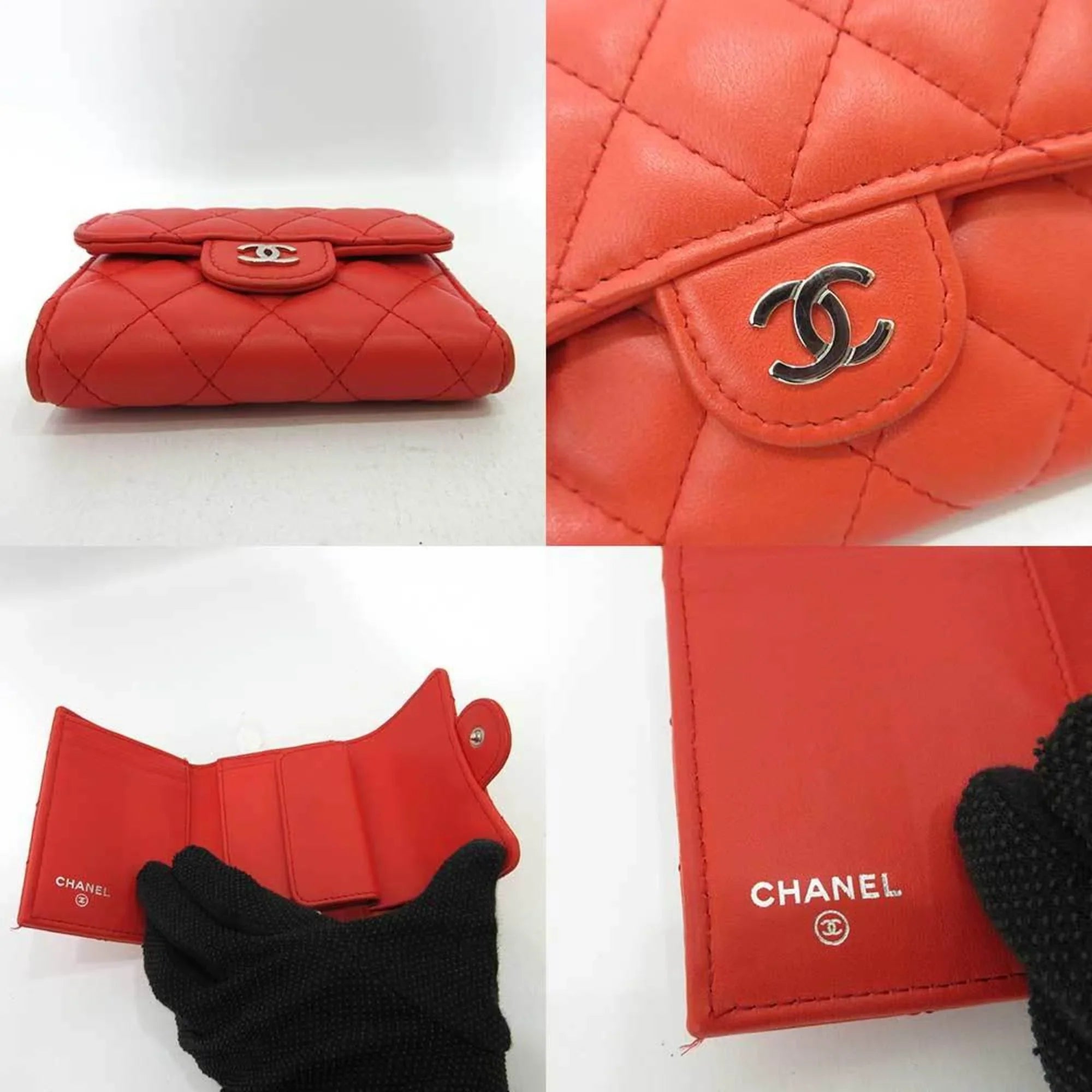 Pre-Owned Lambskin Orange Wallet Matelasse Metal Fittings Chanel CHANEL Series Red Women's Mini (Good) Silver Small Trifold