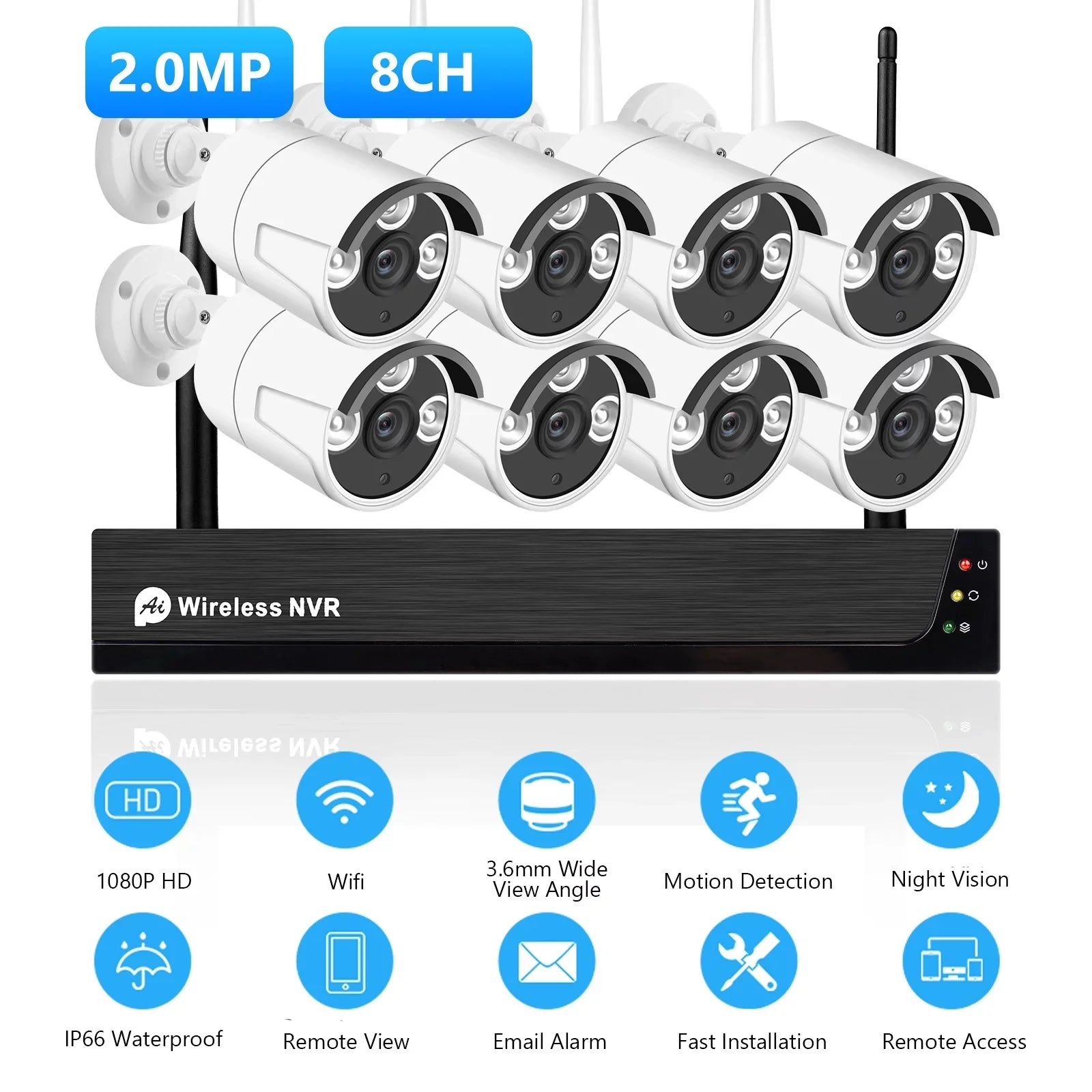 Outdoor 1080P App Access, No 8PCS Cameras CCTV Wireless 1080P Vision, 2.0MP Remote Smart Camera Indoor Drive System, Tuya + Night Motion with IP Alert, 8Channel NVR 8CH Hard 1080P
