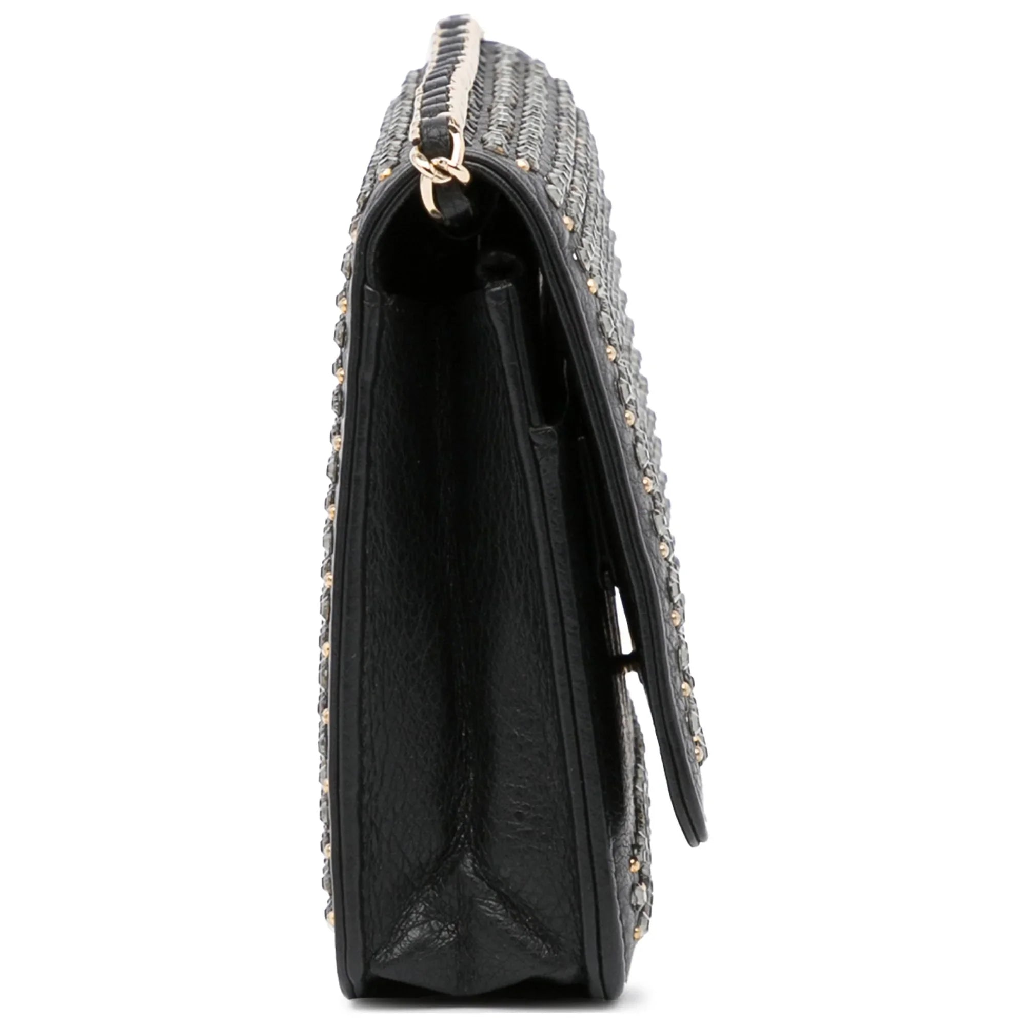 (Good) Crossbody Pre-Owned Authenticated Chain Calf Chanel Leather Unisex Black Wallet Studded Bag on