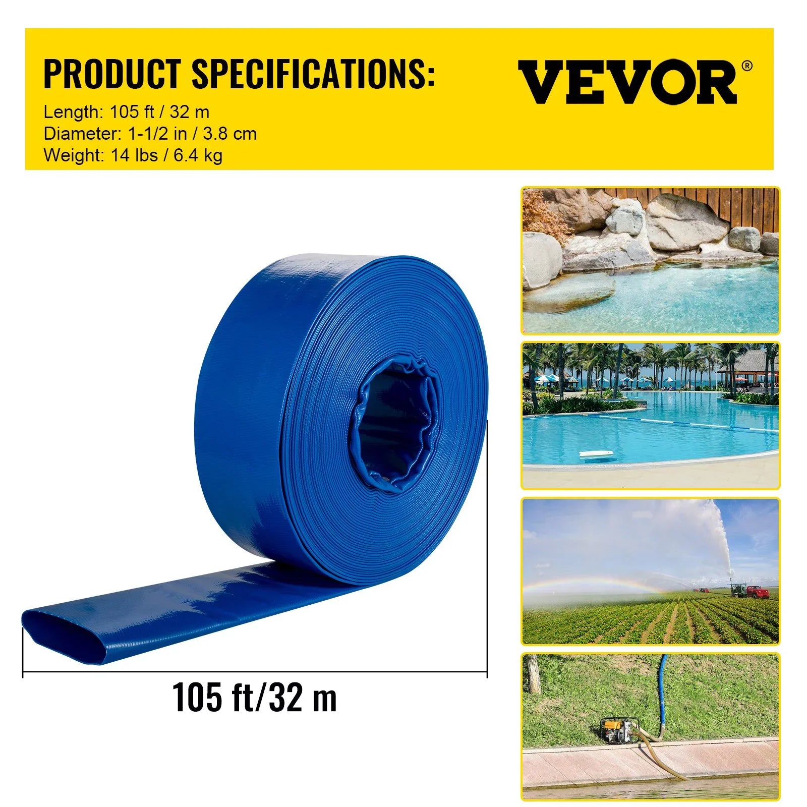 Water 1-12" Hose Drain Transfer, with Backwash & Heavy for Pool Discharge Hose, PVC Fabric 105', Hose, Blue & Duty Flat Weather-proof VEVOR x Burst-proof, Swimming Lay Ideal Clamps,