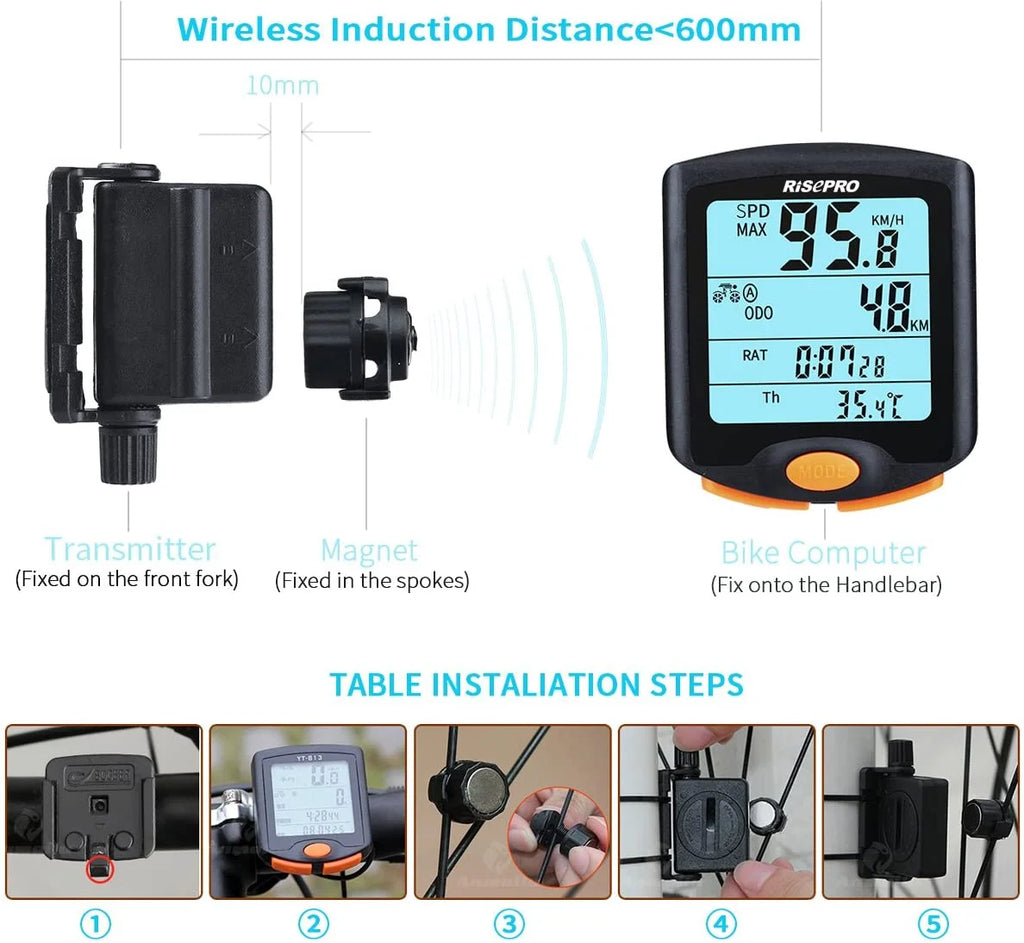 Waterproof Speedometer Multi YT-813 Line Bike Wireless 4 Odometer Function Computer, RISEPRO Cycling with Bike Backlight Bicycle Display