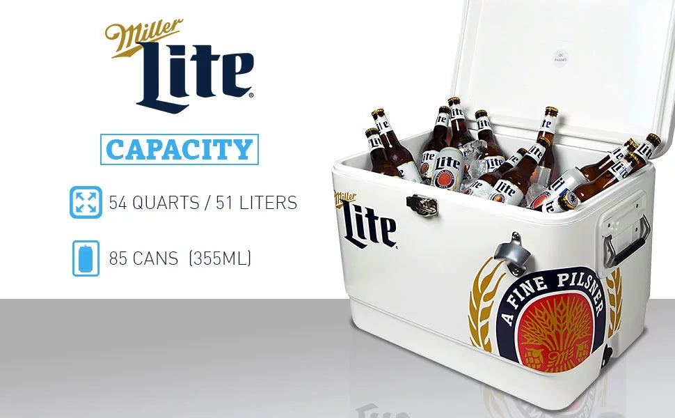 51L Fishing 85 Tailgating, Blue, Camping, Beach, Portable Chest with Cooler, RV, QT), Opener, and Beverage BBQs, (54 White steel-belted Can Bottle Miller Lite for Cooler Ice
