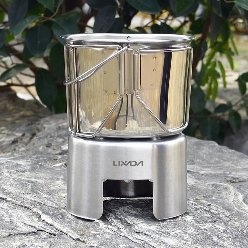 Stove Steel Pot with and Wood Kitchenware - Set Lixada for Survival Canteen Cup Stainless Hanging Camping