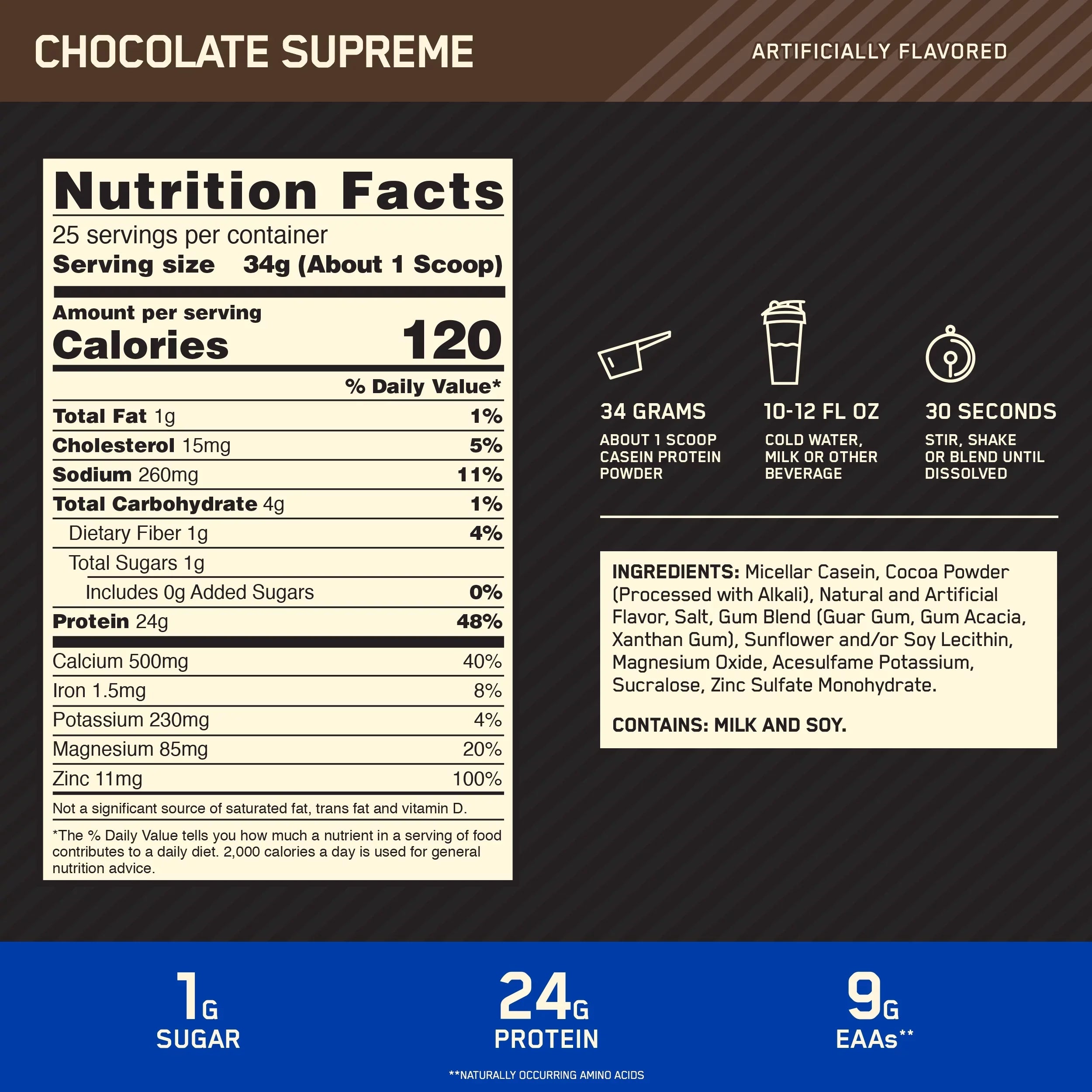 Protein Chocolate Optimum Nutrition, g 100% 24 Gold 25 1.87 Powder, Servings Supreme, Casein, Standard lb,