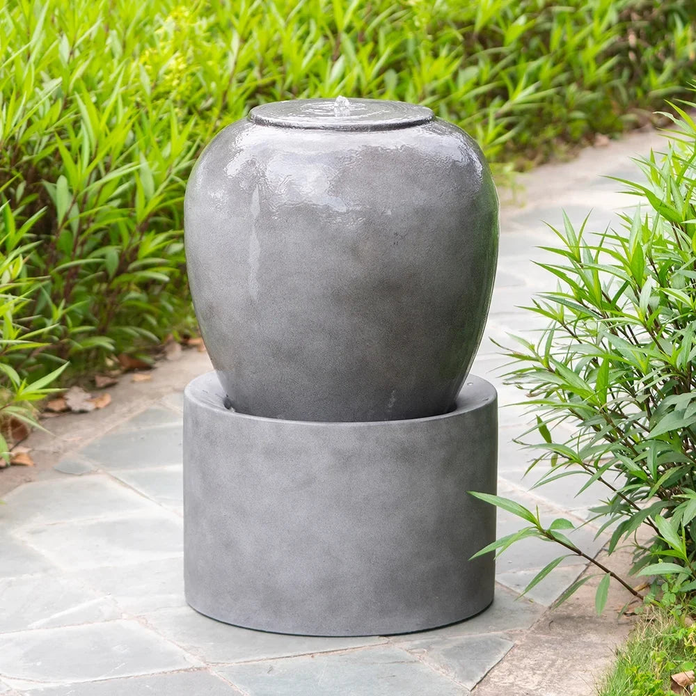 Antique Water Cement Fountain & feature For Unique Gray, Deck Lawn, 19.5x19.5x32.5" Design Heavy Outdoor Patio Urn Home Cute Garden,