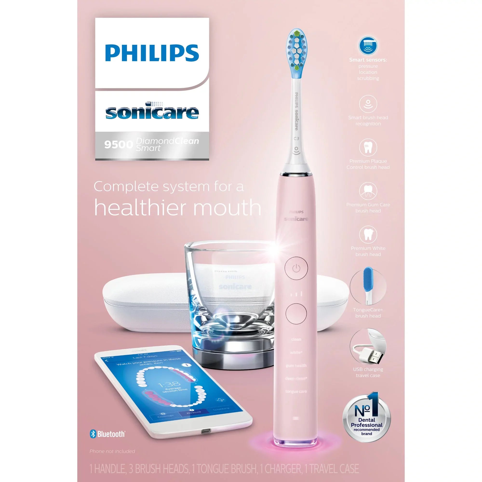 Rechargeable Pink, Smart HX9924/21 Electric Sonicare DiamondClean Power Philips 9500 Toothbrush,