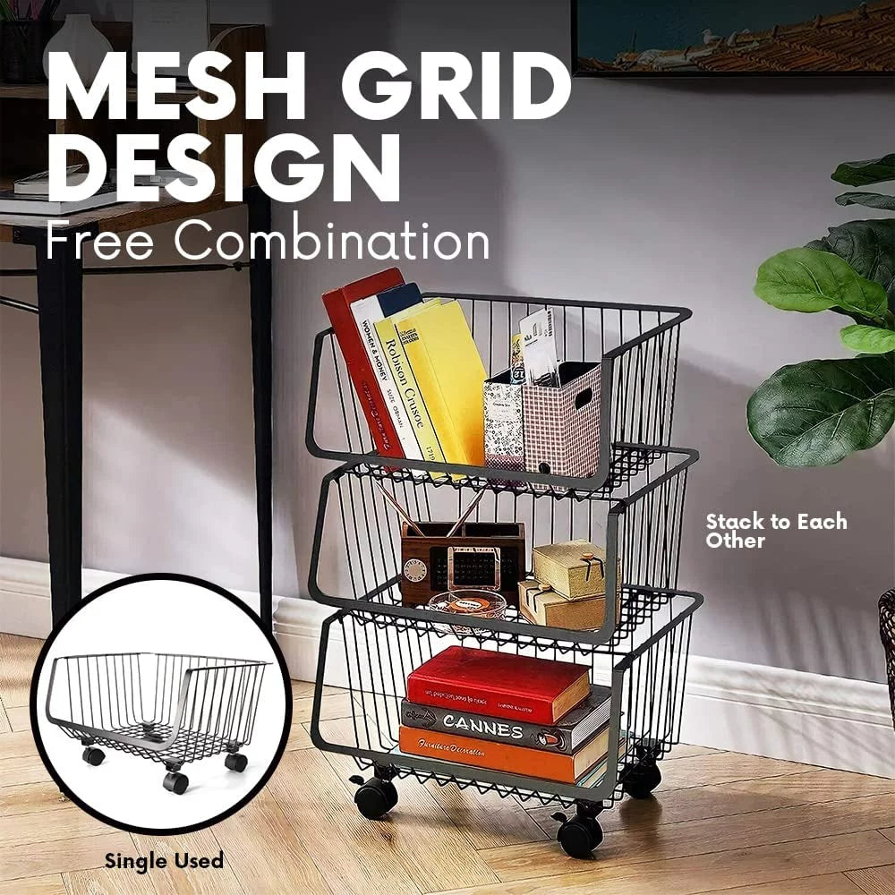Wheels Metal Rolling with Black 4-Tier Utility Storage Organizer Basket Cart,