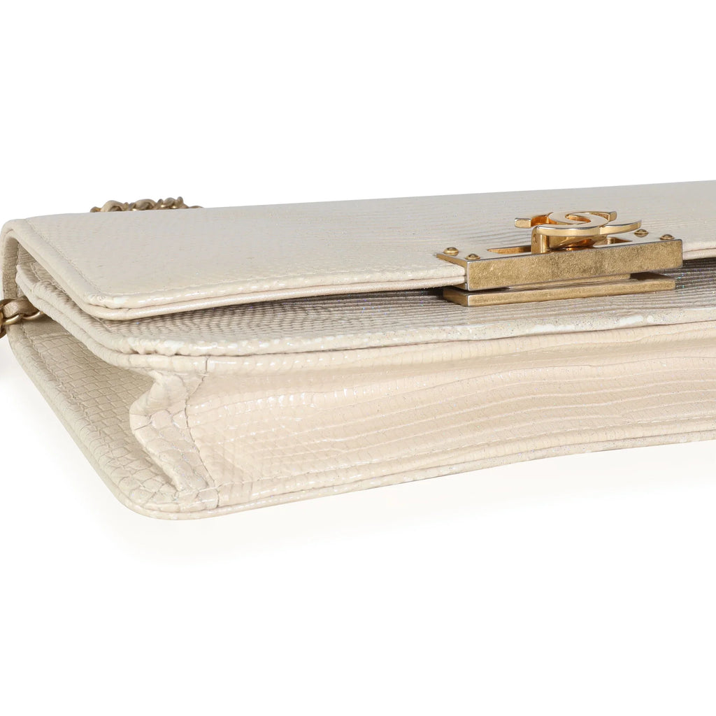 Chain Pre-Owned on Metallic Golden Gold Class Chanel Wallet Lizard