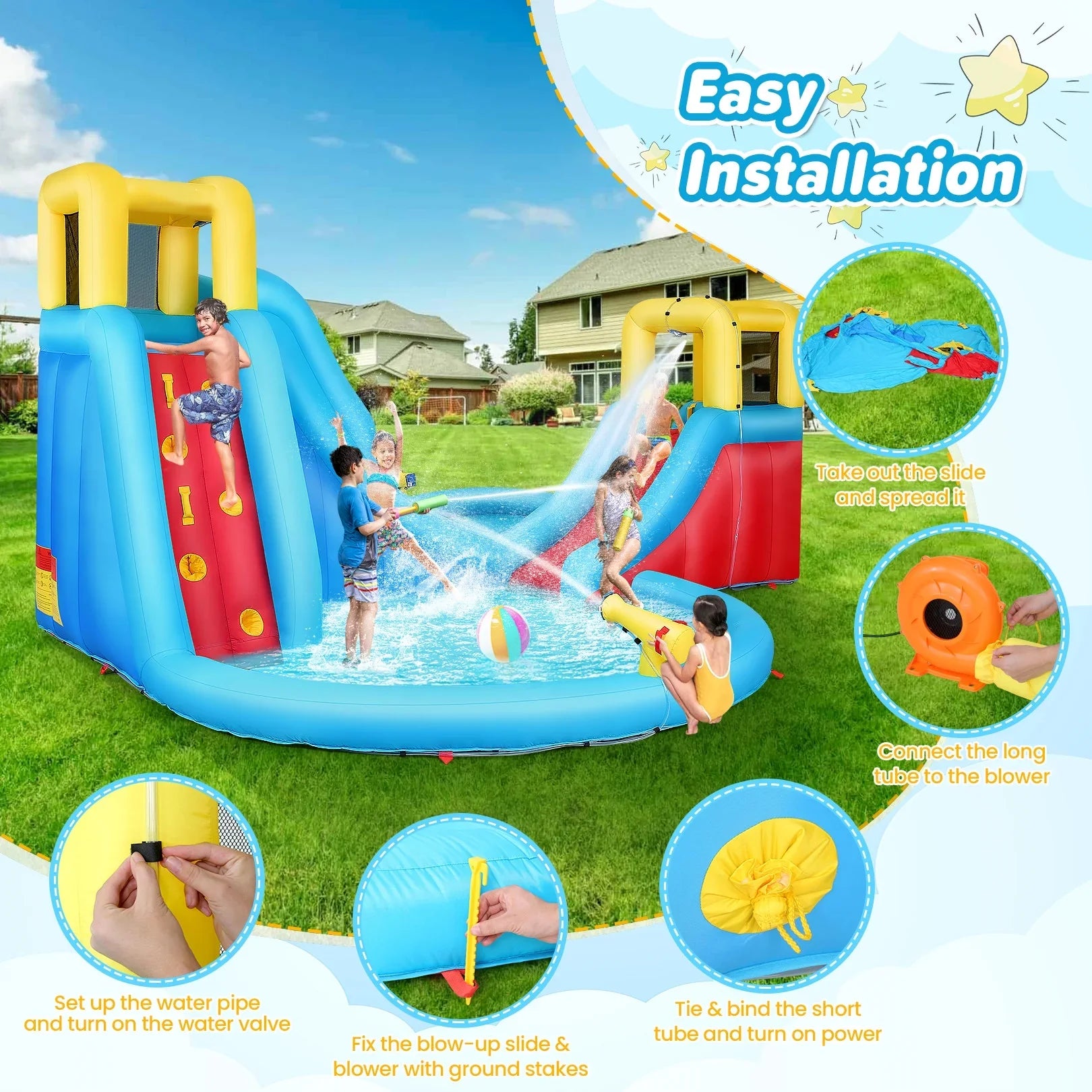 Bounce Playgrounds with Inflatable Walls Veeboto & Splash kids 2 Water Water Indoor/Outdoor Climbing 2 520W Slides, 2 House for Slide Pool Blower with