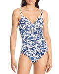 One-Piece Swimsuit, WHITE/BLUE Floral Underwire US Lauren Toile Ralph 6 Ruched