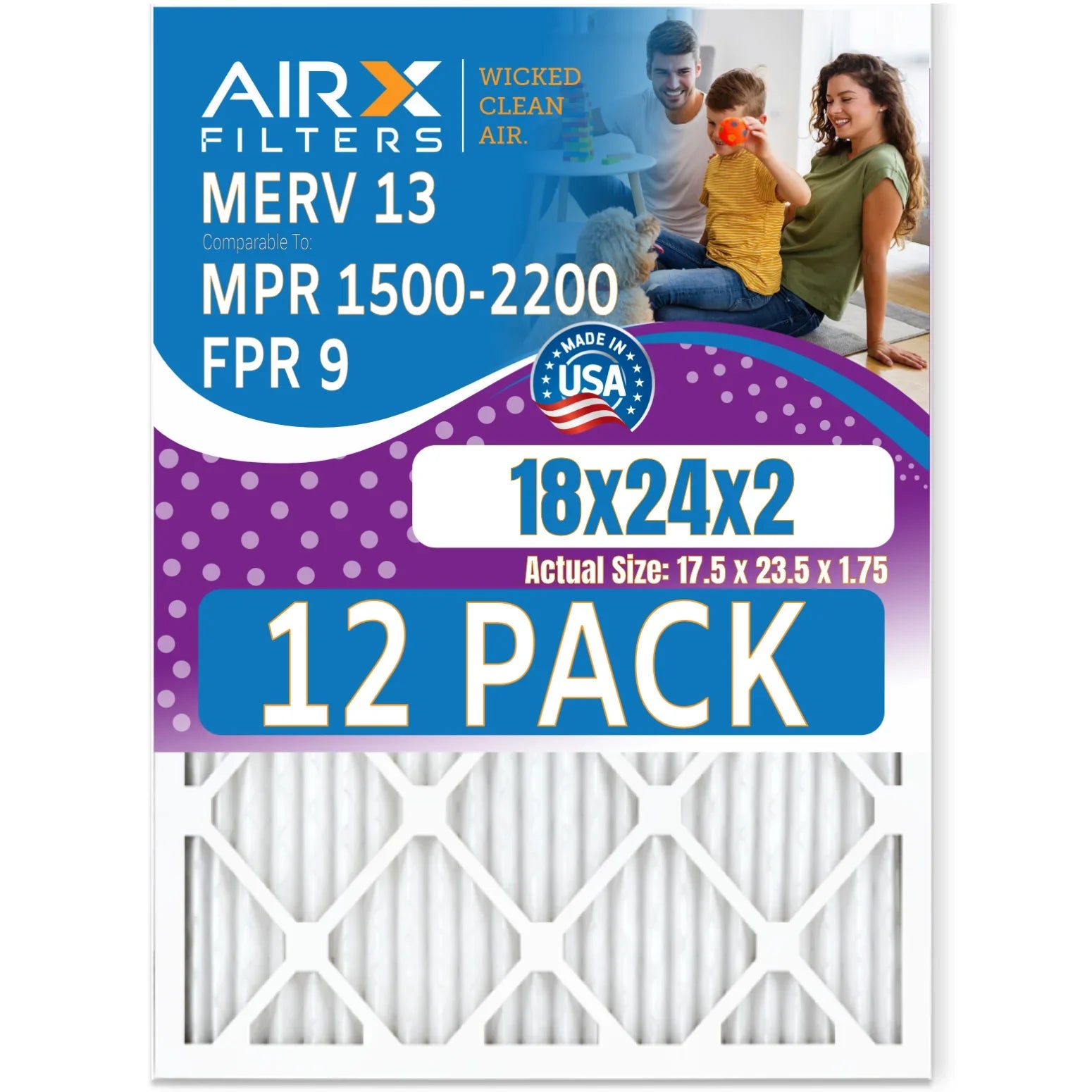 AIR. 18x24x2 Made 13 - of - AIRX 9 Air by WICKED 2200 & Rating, Filter 12 FPR MPR Furnace Comparable Pack to Filters FILTERS in CLEAN MERV 1500 USA