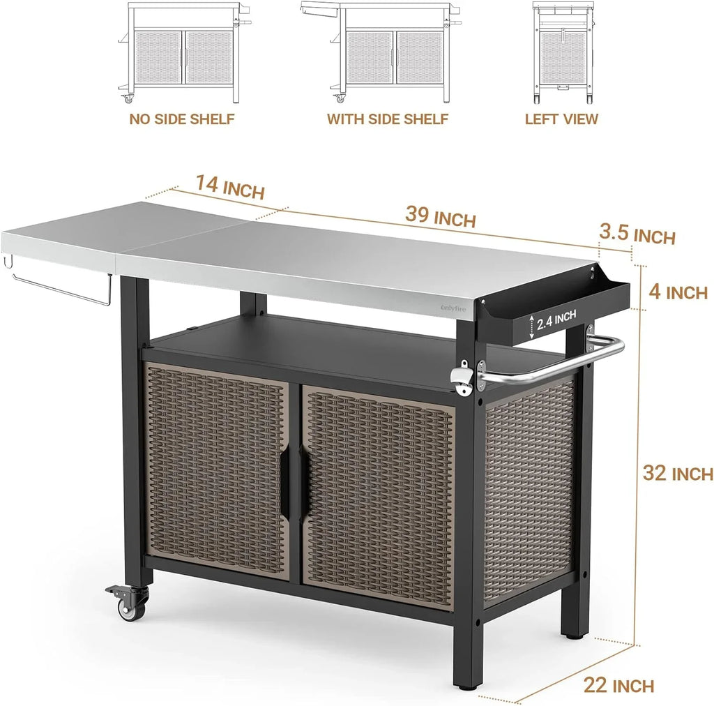 with Table Stainless Indoor Rolling SUSIMOND and Shelf Wheels Countertop, Kitchen Outdoor Storage with Steel Side Cart Cabinet for XL 53-Inch Worktable Dining Island
