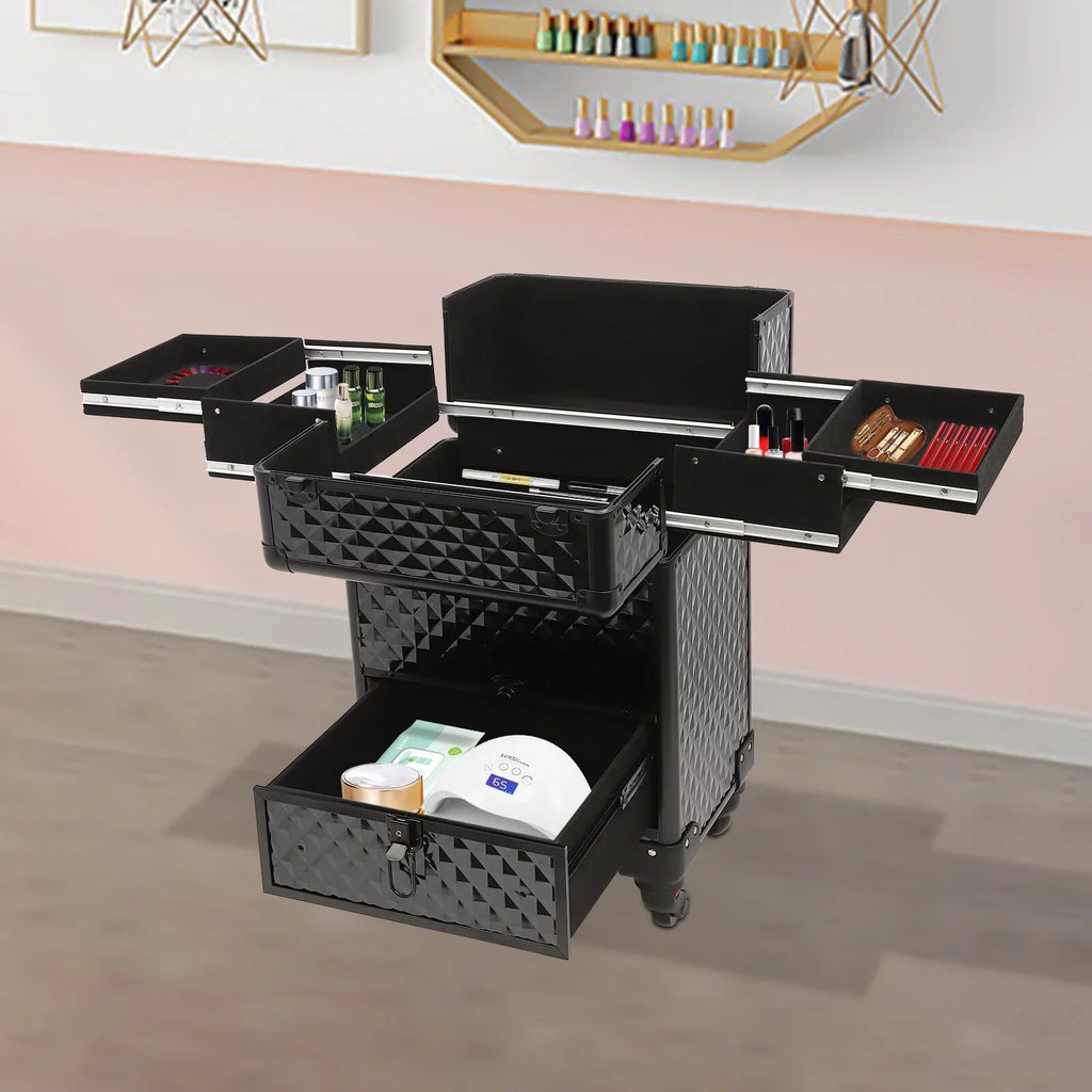 Trunk Case Rolling Nail Salon Cart Manicure Luggage Trolley Cosmetic Organizer Makeup Box Wheeled Storage Black Case Aiqidi Train