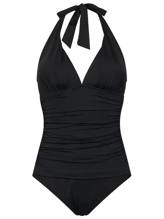 Ralph Solid BLACK Lauren Club Beach One-Piece 4 Halter Swimsuit, US