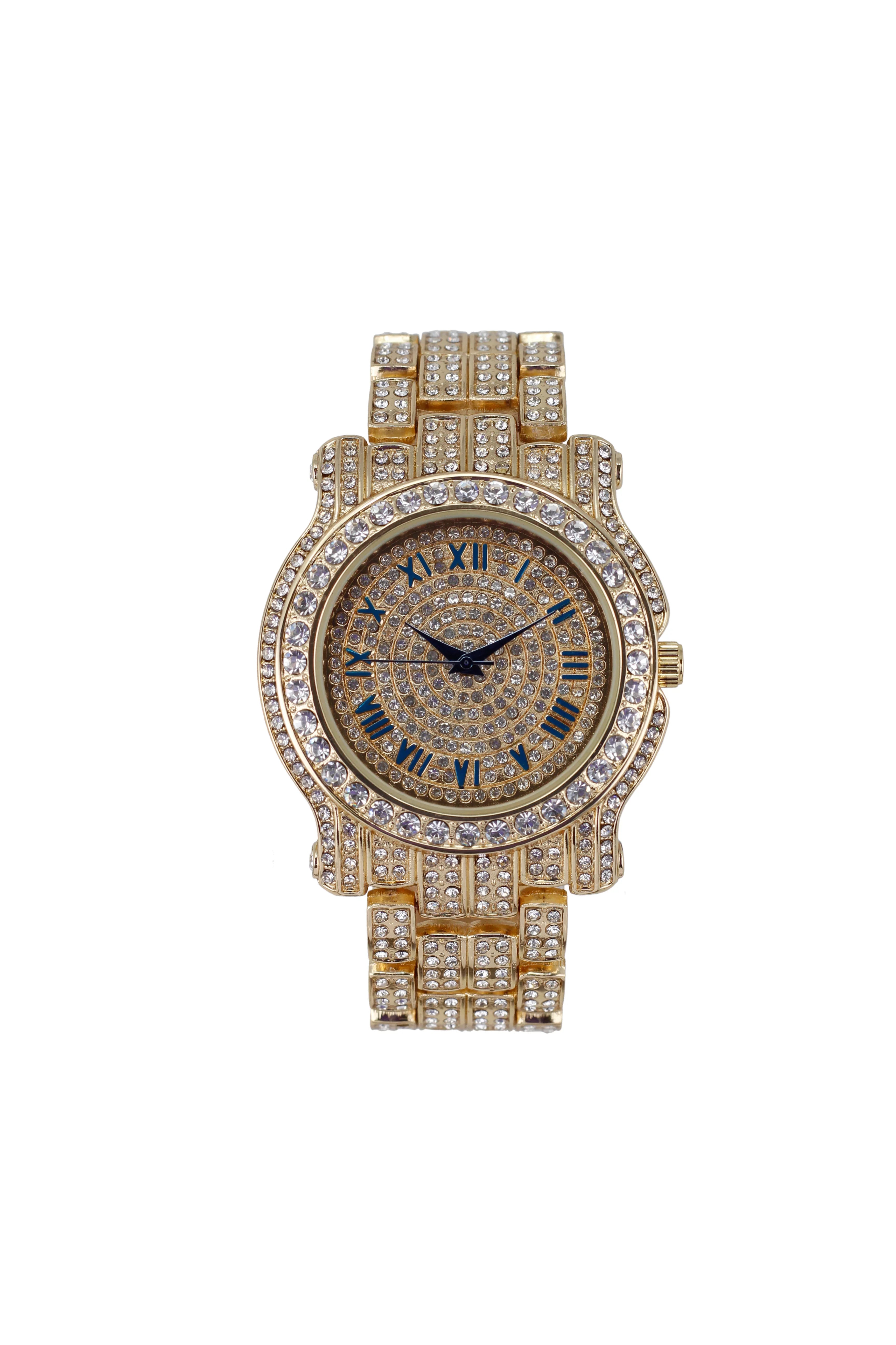 '- Set #Blue) Bracelet Out 3pc King Watch Cuban Bling-ed Luxury Round Out and w/Bling-ed Mens L0504 BR Ring Set(11,Gold Iced