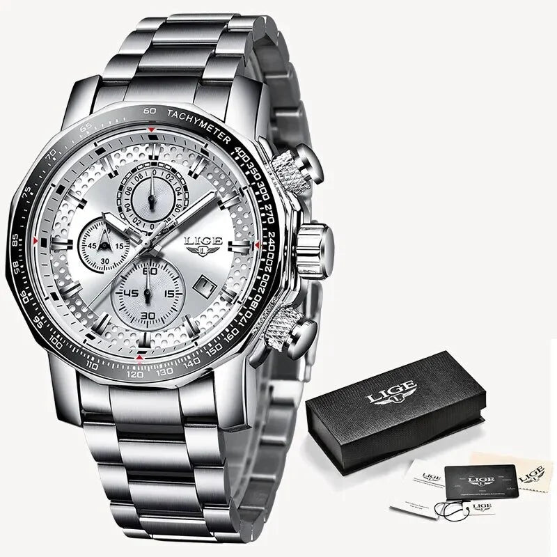 silver Big Watch white Full Steel Luxury Montre Top Mens Clock Quartz Men New Sport Homme Chronograph Dial Brand Watches Waterproof