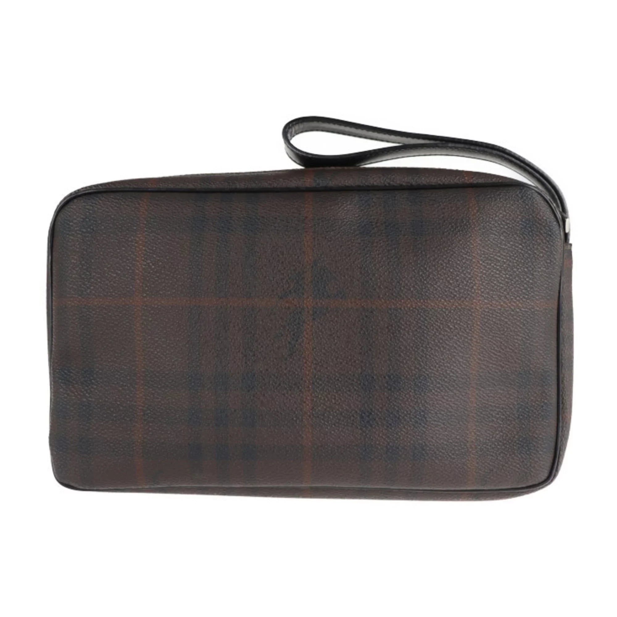 Pre-Owned BURBERRY Clutch Plaid Second PVC Burberry Dark Brown Bag (Good) Leather