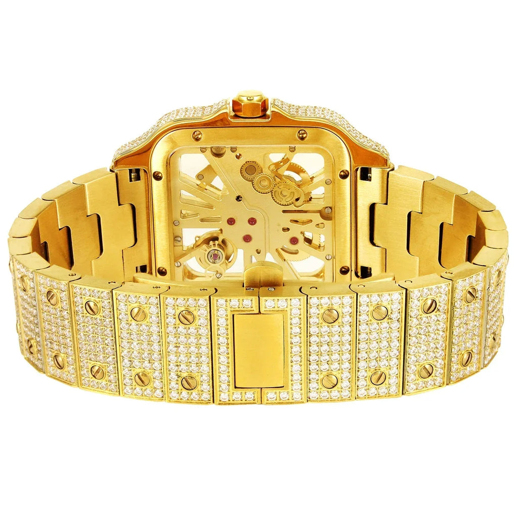 Tone Gold Custom 14K Watch Dial Diamond Moissanite Stainless Skeleton Automatic Mens Steel