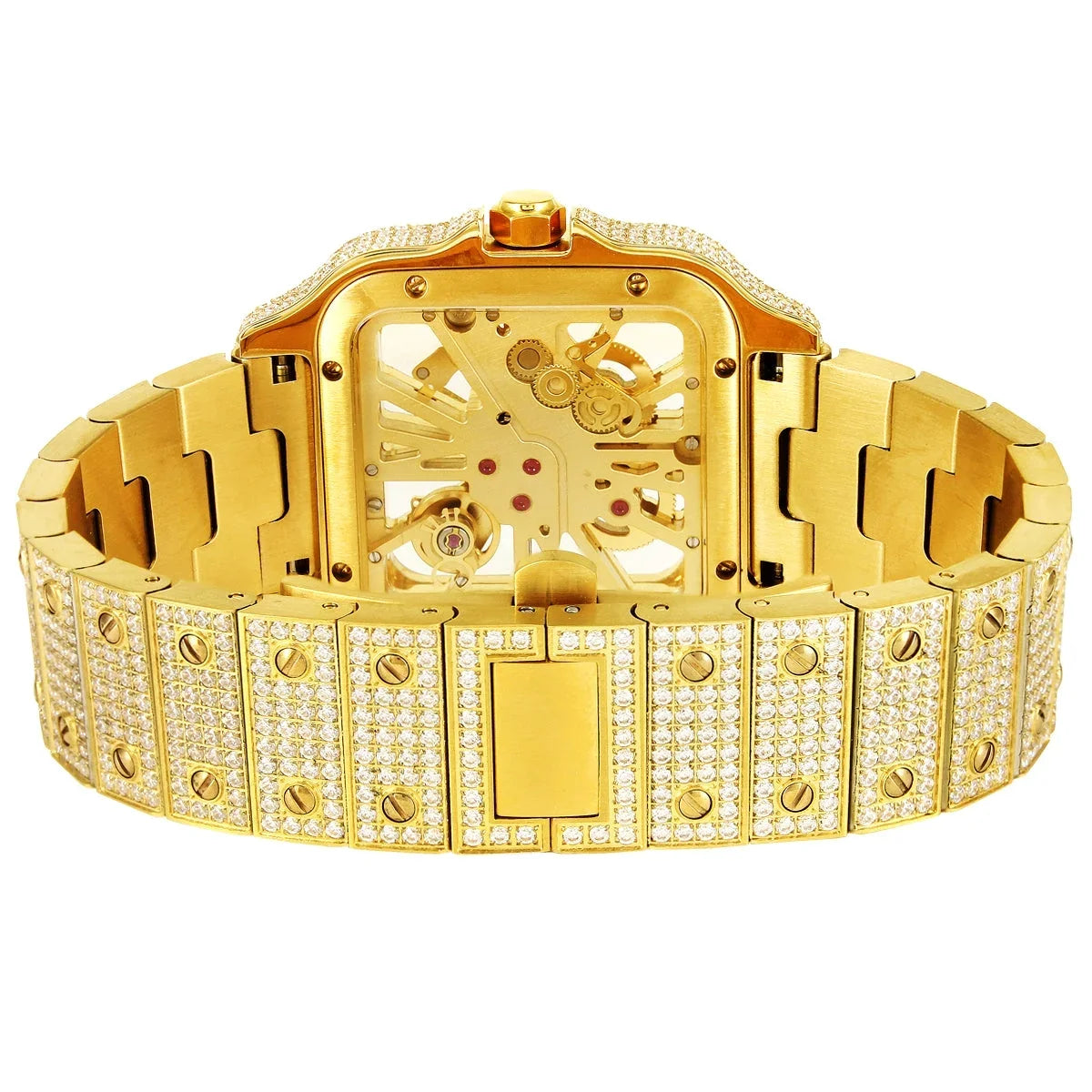 Tone Gold Custom 14K Watch Dial Diamond Moissanite Stainless Skeleton Automatic Mens Steel