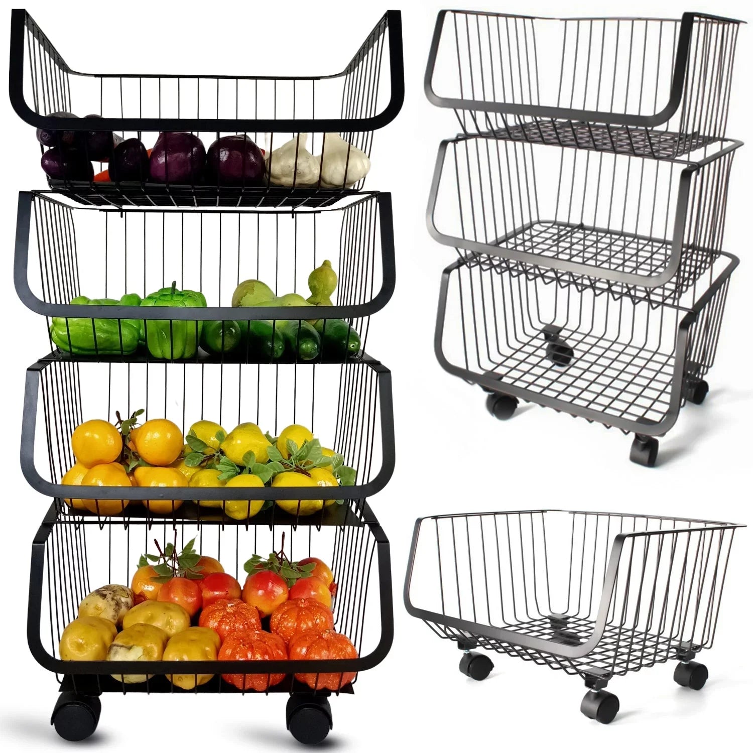 Wheels Metal Rolling with Black 4-Tier Utility Storage Organizer Basket Cart,