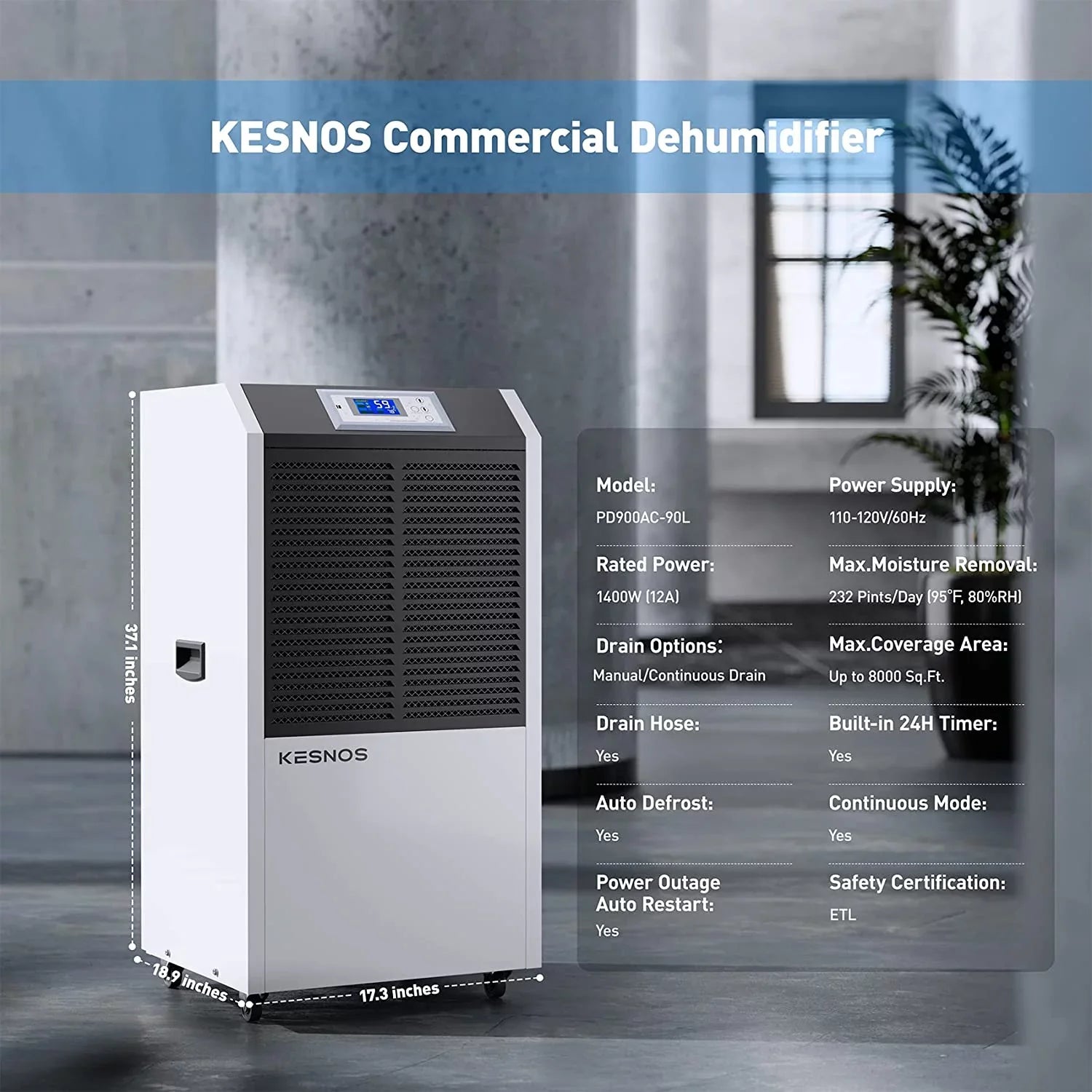 with 8000 Industrial up Ft, Removal Kesnos Dehumidifier Area 232 Drain Commercial for Moisture Dehumidifier Large Hose Pint in Basements to for Sq.