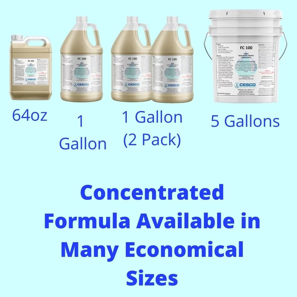 Non-Toxic Flocculant Pool Safe - Supplies Pond, - Water - FC-100 Eco-Friendly, Pool, Concentrated Liquid - Solutions Swimming 64 for Pool Cesco Chemicals Oz Cleaning Spa Clarifier