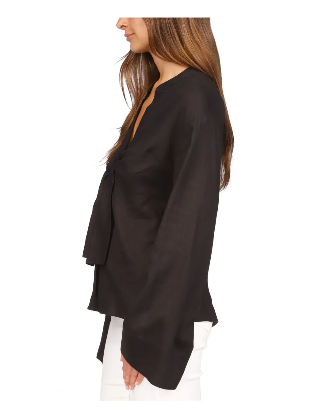 Button MICHAEL Hem Sheer Top Up M Curved KORS Split Womens Waist Tie Sleeve Bell Black Unlined MICHAEL