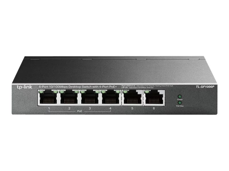 Ports 10/100Mbps Metal Ethernet | PoE+ Extend Port Protection (TL-SF1006P) Mode 4 Mode Plug | Switch | 6 67W Sturdy | | | & Fast Priority w/Shielded PoE Lifetime @ Limited Ports TP-Link Play