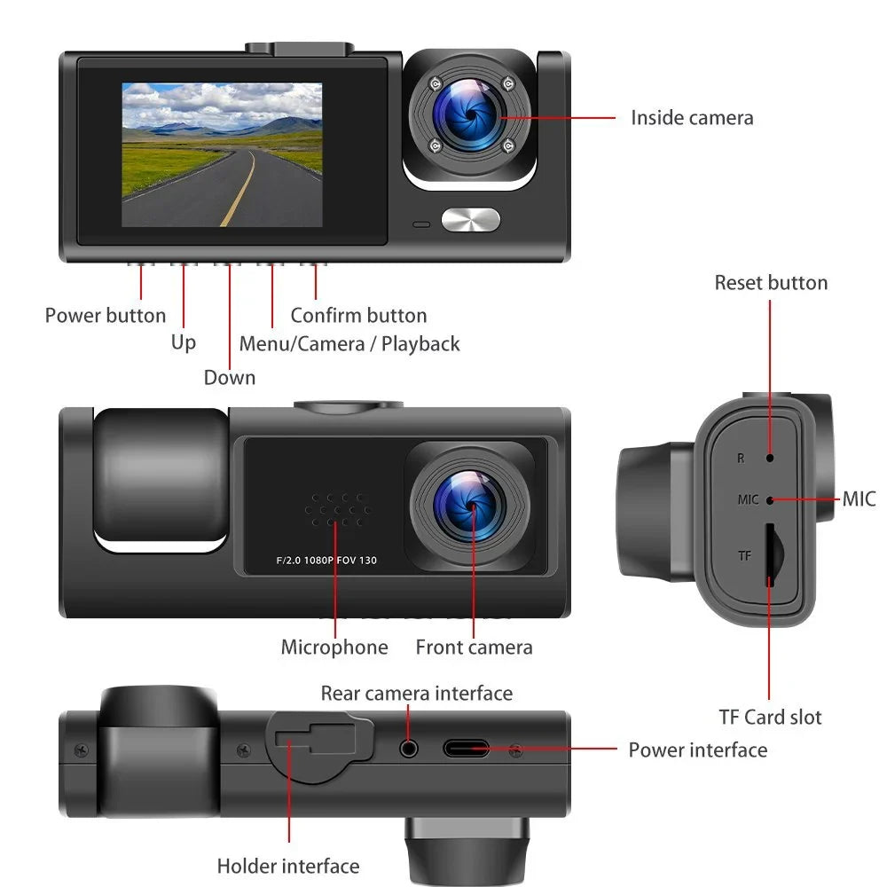 Car 1080P Triple Card, Way Channel Backup DVR Inside Dash TF Vision, Cam, Camera, 3 3 Cam Recorder, IR Dash Front Rear Dashboard G-Sensor Driving W/32GB Inside Camera Night Dual