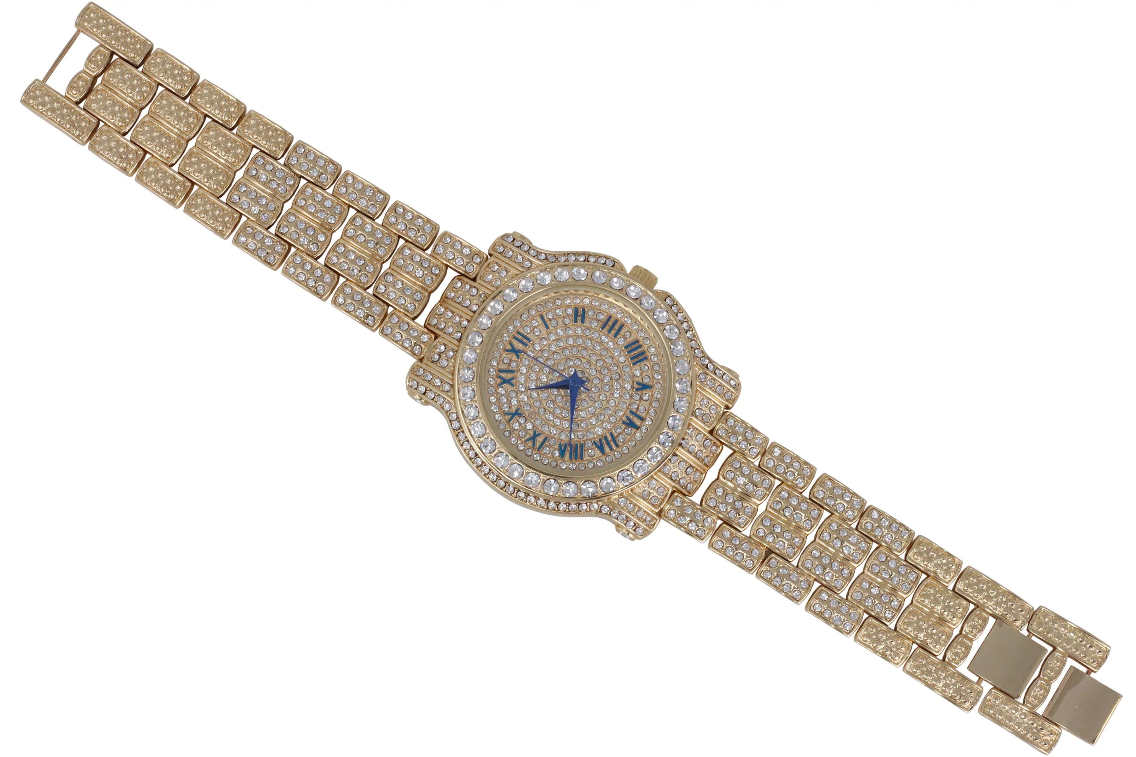 '- Set #Blue) Bracelet Out 3pc King Watch Cuban Bling-ed Luxury Round Out and w/Bling-ed Mens L0504 BR Ring Set(11,Gold Iced