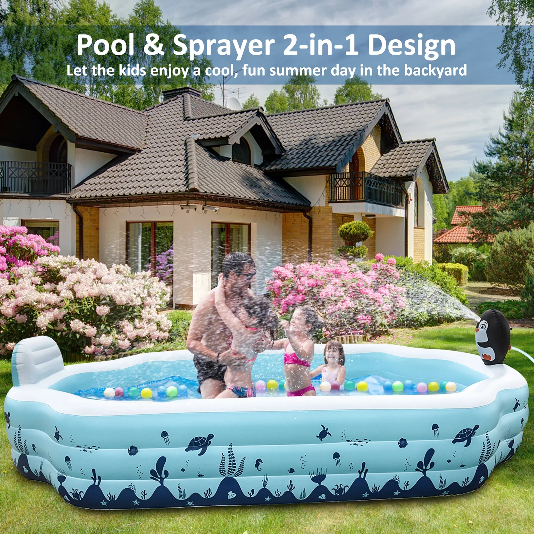 for x Adults, Sized 20'' Full Pool and x - 76'' Thickened Sebor Kids Pool Swimming and Sprinkler - Above Fun Garden, and Design for Seat with Ground Outdoor 10.3Ft Backyard, Inflatable Family,