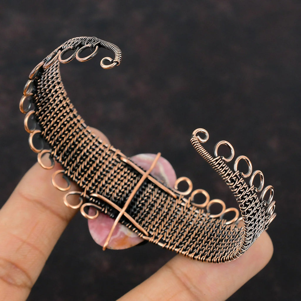 Bangle Wrap Rhodochrosite Jewelry Cuff Bracelet Wire Adjustable Copper Gemstone