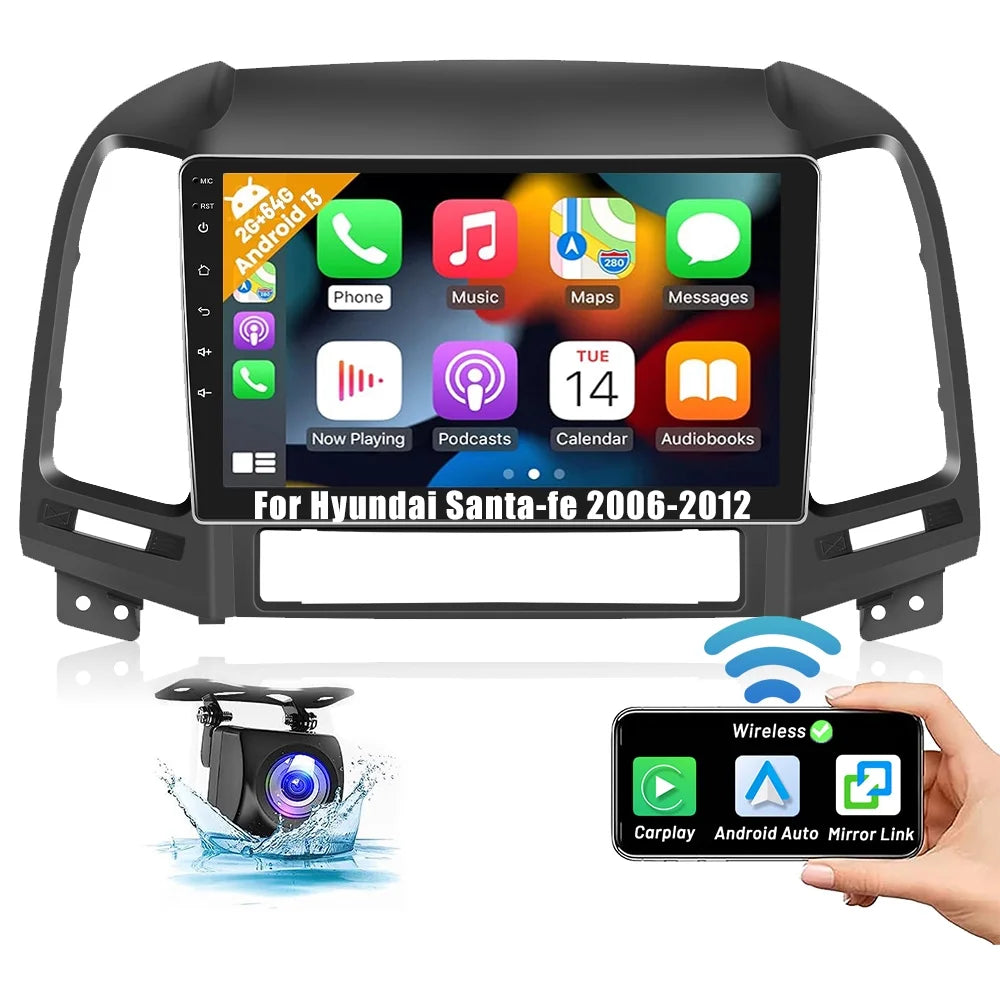 Wireless FM 2+64G Car WIFI Backup GPS Stereo Podofo 2006-2012 for USB Santa-fe Link Android Radio Hyundai Mirror 13 9'' Carplay Hifi,AHD Bluetooth Camera Auto Android