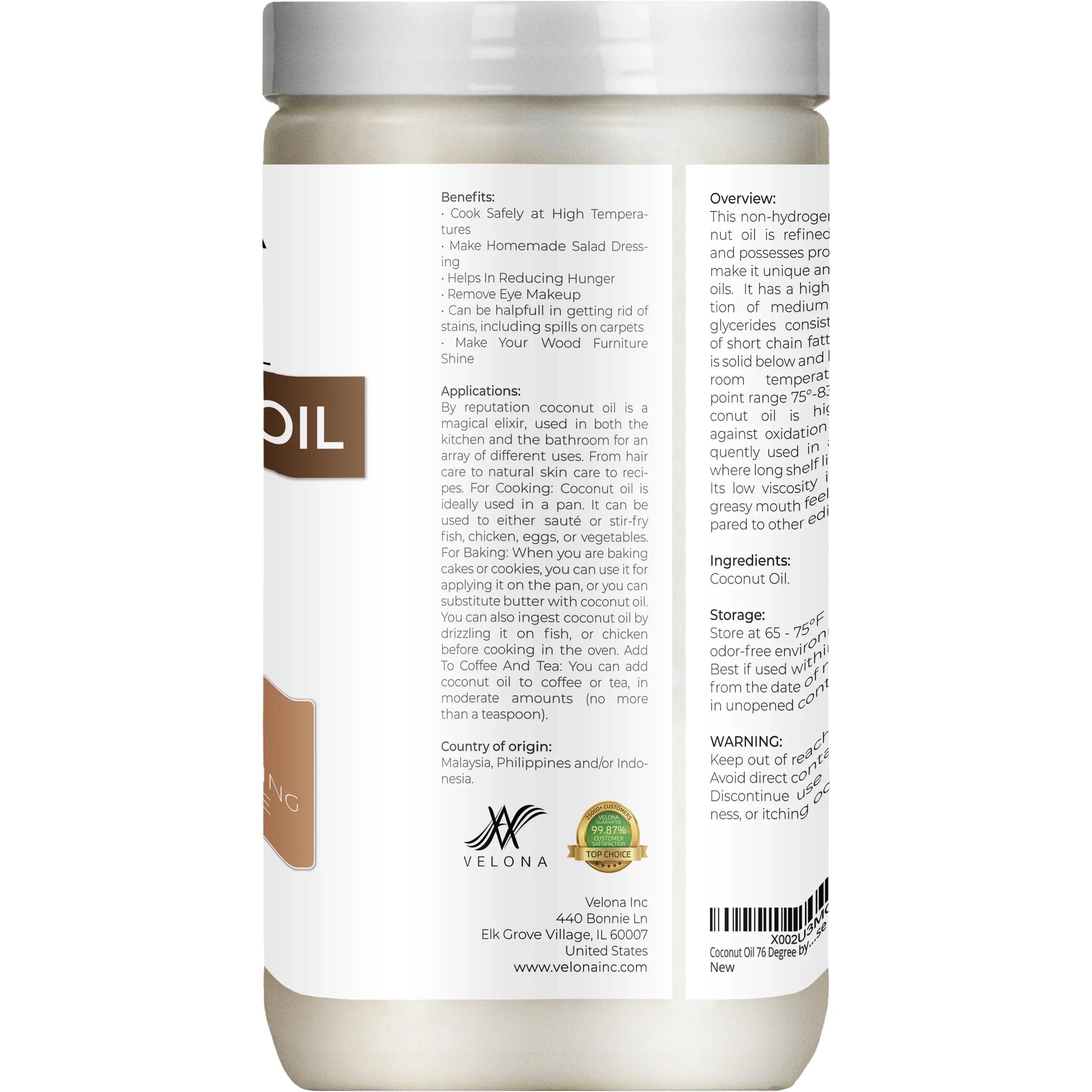 Pure Oil Velona Cold 100% oz Degree Face, in Care Natural Hair Body, 76 pressed | | Oil and Carrier | Refined, 64 jar | Skin, - Coconut
