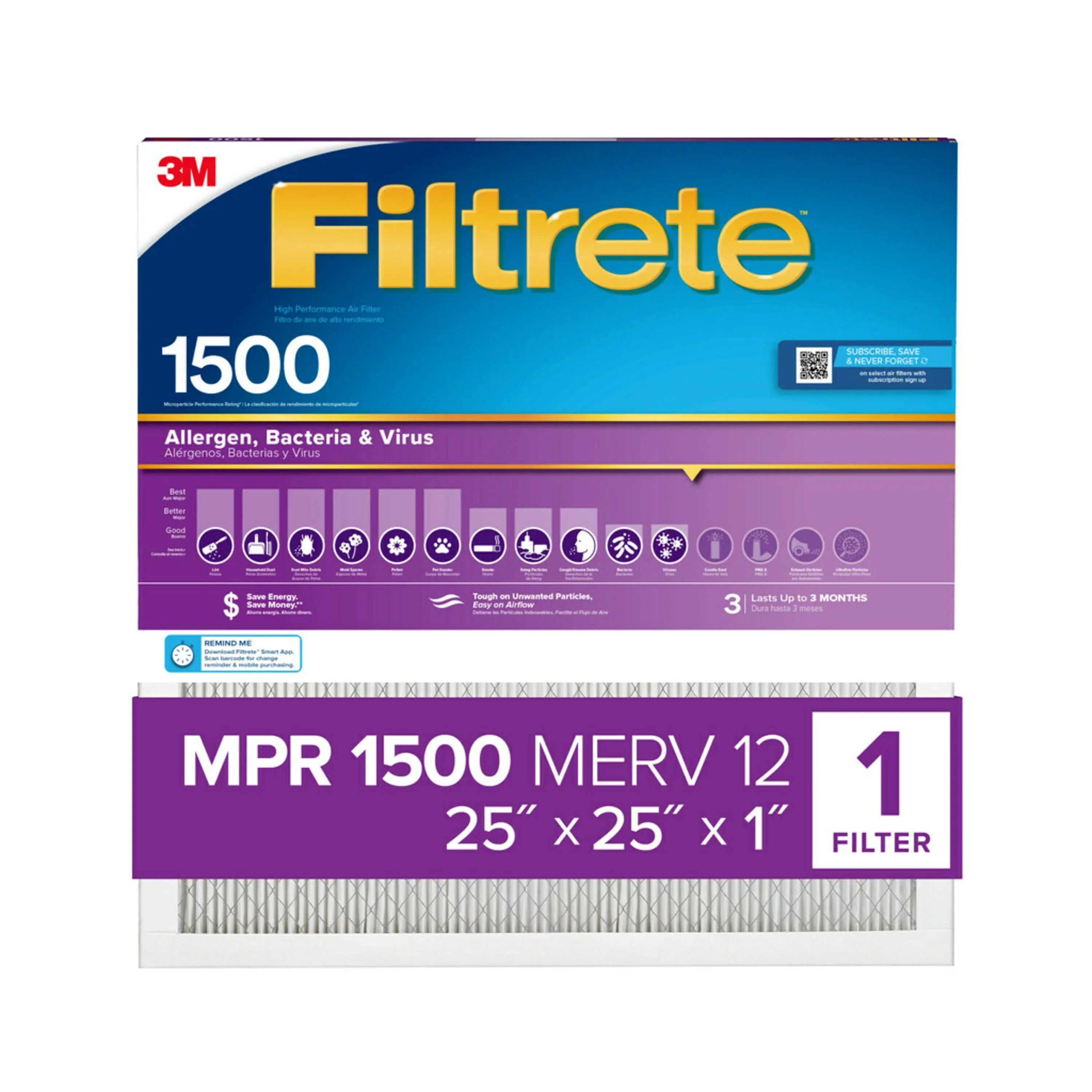 25x25x1 MPR Air 1 Virus, Filter, 1500 Filter Bacteria MERV and 12, Allergen, Filtrete