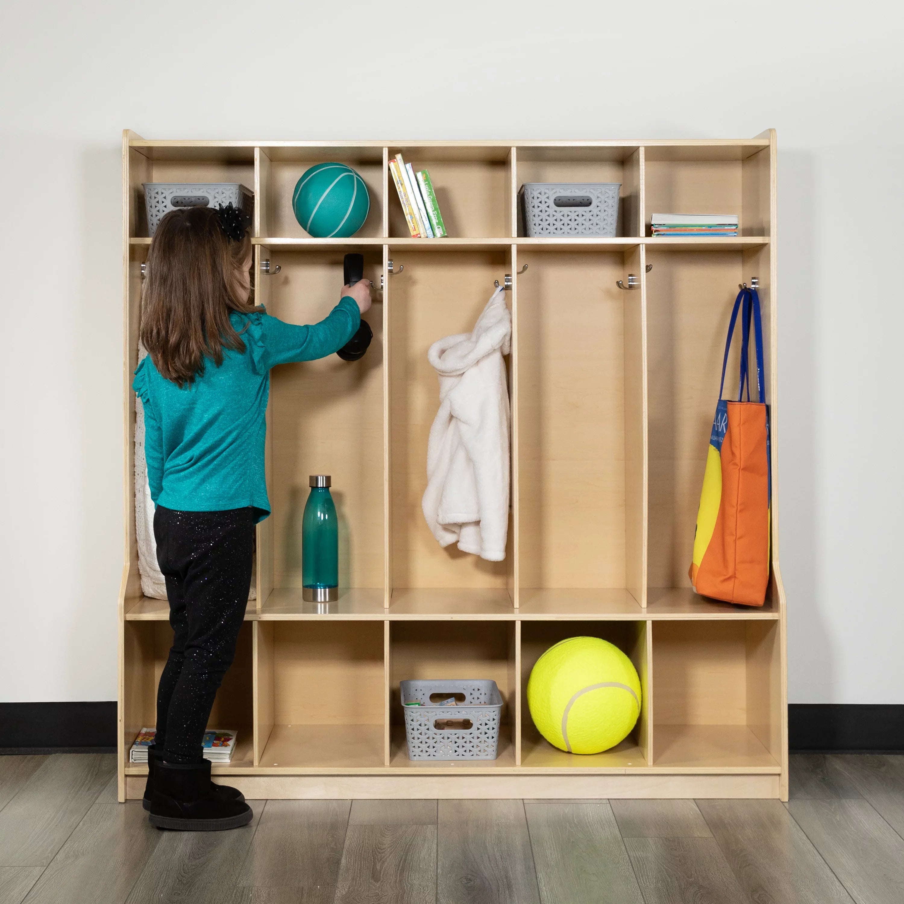 Organizer Hook-Safe, - with Locker Friendly Kid Bench, 48"L x Wooden (Natural) Design School 48"H Section Coat BizChair 5 and Storage Cubbies,