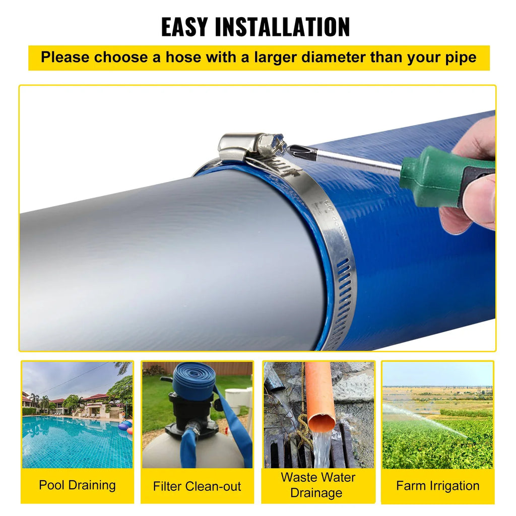 Water 1-12" Hose Drain Transfer, with Backwash & Heavy for Pool Discharge Hose, PVC Fabric 105', Hose, Blue & Duty Flat Weather-proof VEVOR x Burst-proof, Swimming Lay Ideal Clamps,
