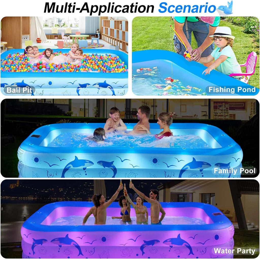 Backyard Family Powered, Pool Pool Pool with for Solar 105"x65"x25''Oversized up Swimming Thickened Kiddle Blow Pool, Inflatable 2024 Kids,Adults, Upgraded for Lights, Pool Large Inflatable