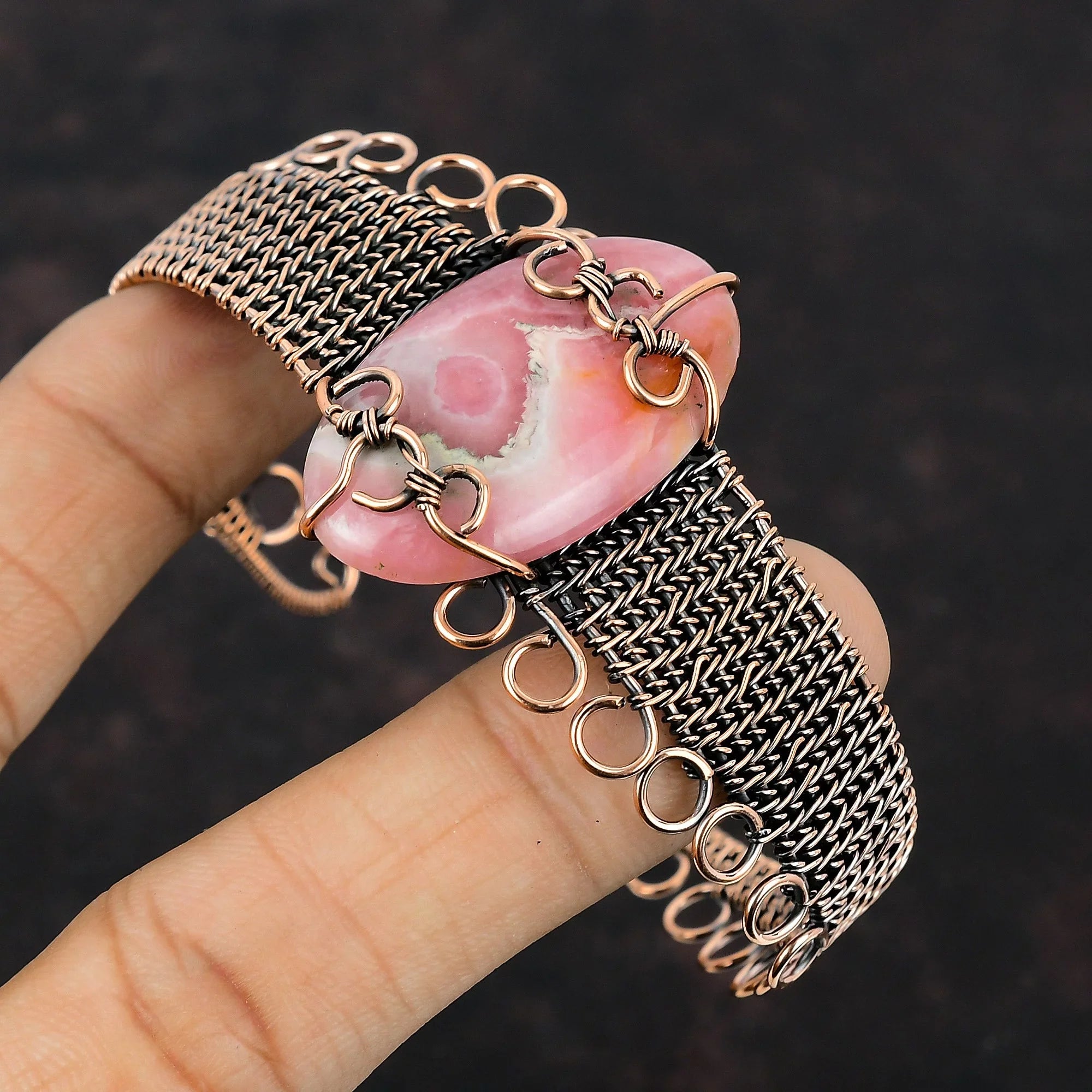Bangle Wrap Rhodochrosite Jewelry Cuff Bracelet Wire Adjustable Copper Gemstone
