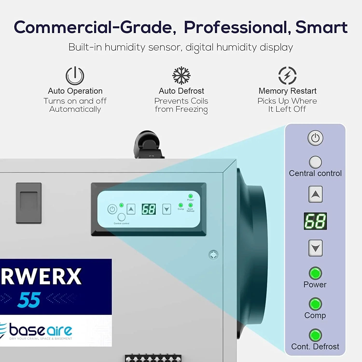 Treatment Memory BaseAire Hose Dehumidifier for Spaces, Air Pint Starting Commercial Basements, Crawl Refine Defrost, 113 Drain with Auto