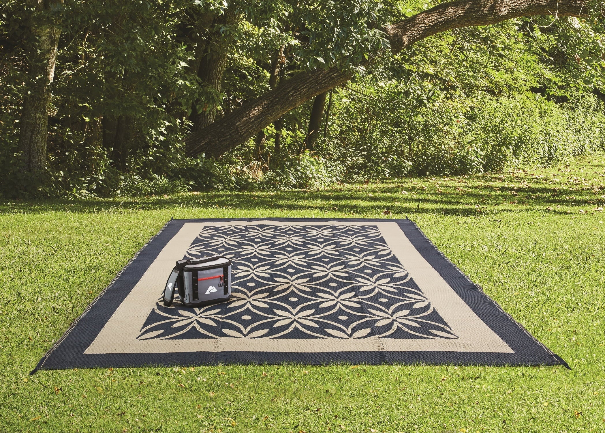 Design Flower Blue Garden RV Reversible Auto / Patios Good RV Mat, 9x12ft Tan for Patio and Drive