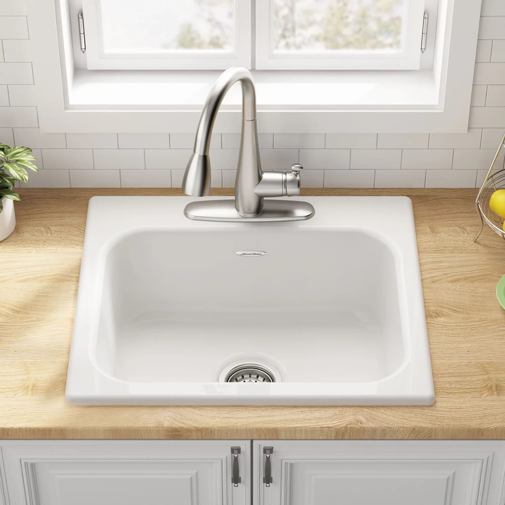Kitchen Drop-in in Sink Bowl Quince in. American Cast 3-Hole Single White Standard 25 Brilliant Iron