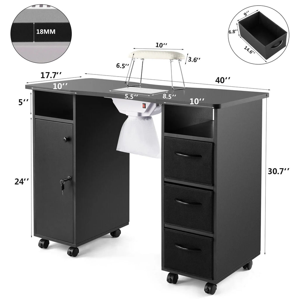 Lockable Manicure Artist Wrist with Desk Nail Table Cushion, Shelves Black Station Downdraft Beauty Wheels, Vent, Electric Drawers, Hand