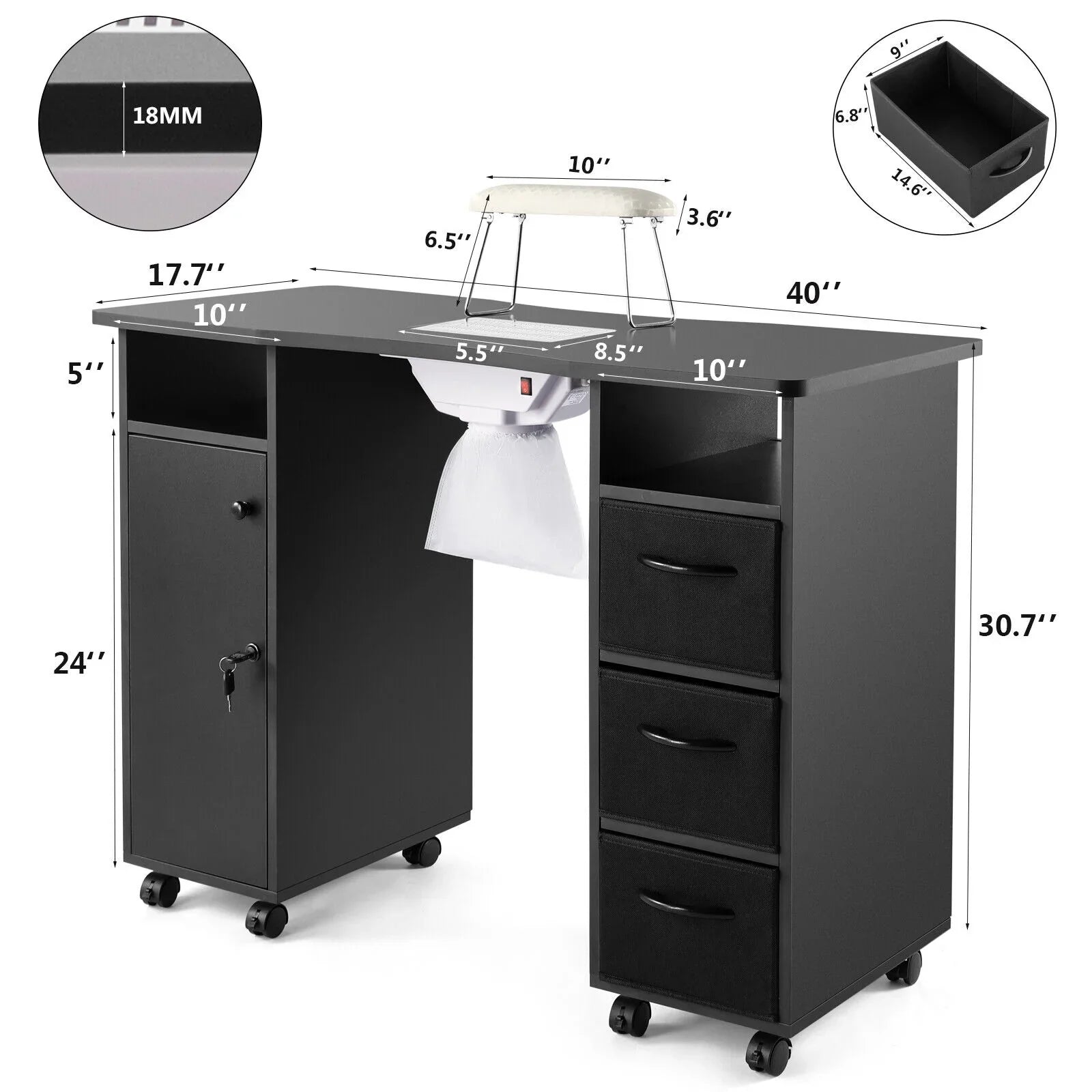 Lockable Manicure Artist Wrist with Desk Nail Table Cushion, Shelves Black Station Downdraft Beauty Wheels, Vent, Electric Drawers, Hand