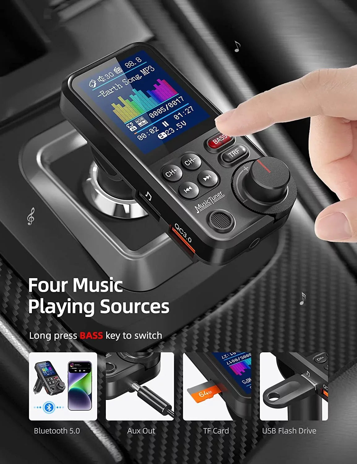 KM30 for Adapter Sound with and FM Bass Bluetooth QC3.0 Free Car Player- car, Screen Music Strong Charging, for Calls, Color Treble Microphone Hands 1.8" Supports Transmitter Bluetooth