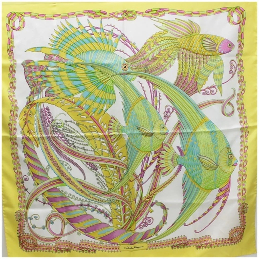 SALVATORE Ferragamo ladies x scarf white (Good) tropical Salvatore silk fish FERRAGAMO Pre-Owned yellow