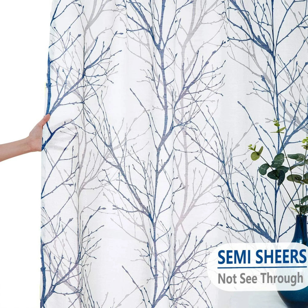 Textured Blue Grommet, Tree Set Branches Print Room Semi White Sheer Sheer for Curtain for Window Drapes Linen Decoultimatex Panels Bedroom, Curtain Gray 52"x84"x2 Living