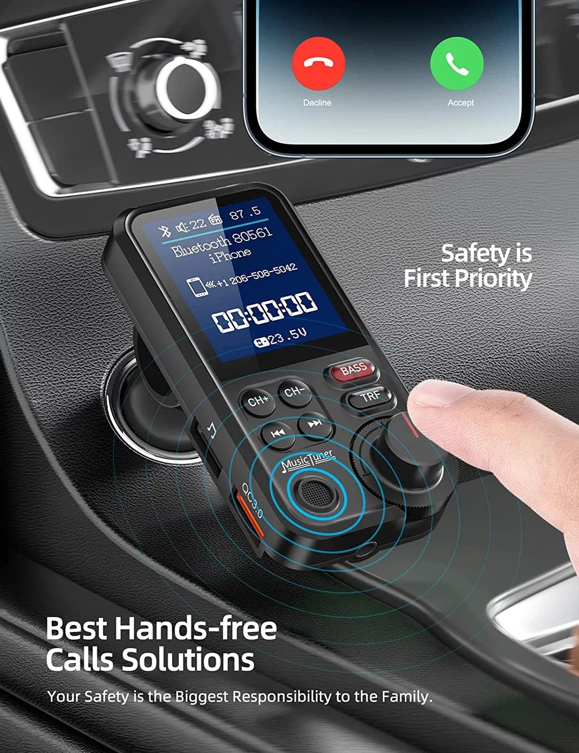 KM30 for Adapter Sound with and FM Bass Bluetooth QC3.0 Free Car Player- car, Screen Music Strong Charging, for Calls, Color Treble Microphone Hands 1.8" Supports Transmitter Bluetooth