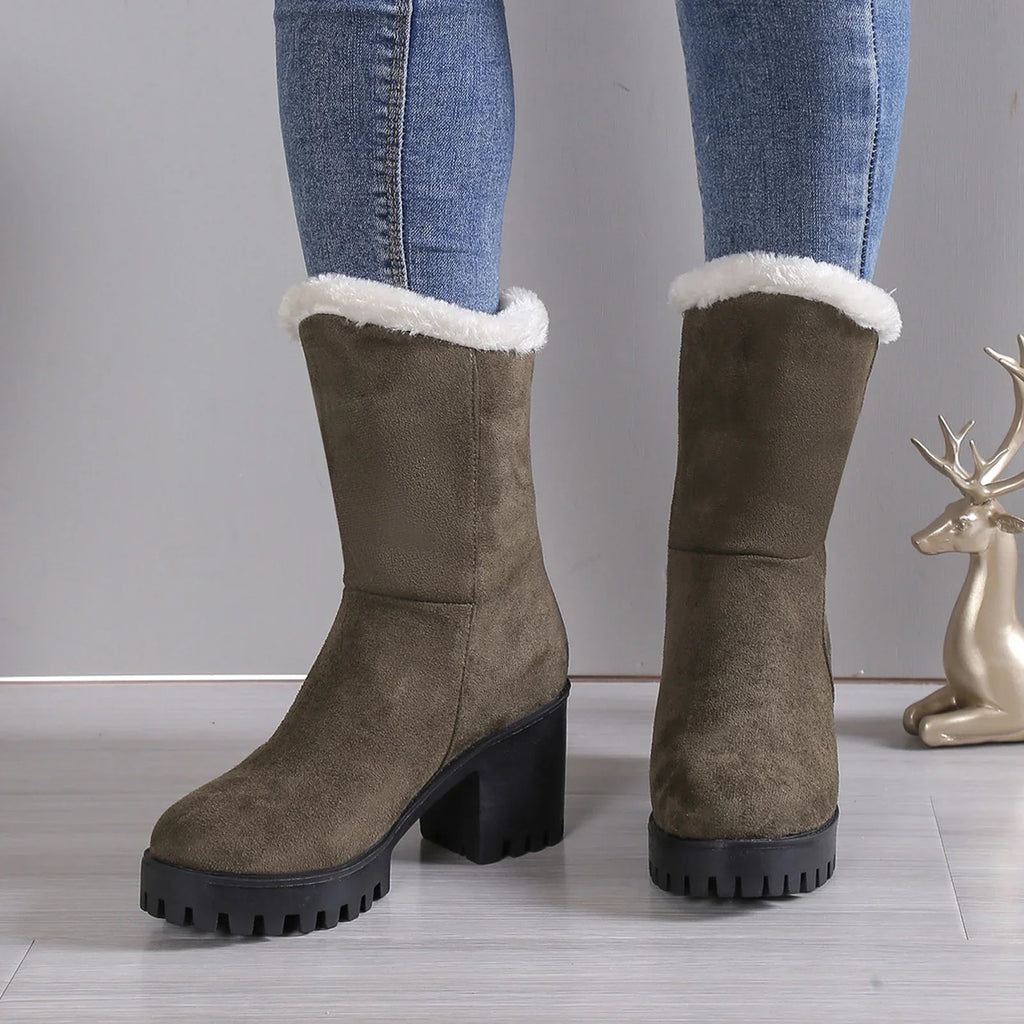 High Wide Warm Heel Hiking Thick Winter Plush Womens Suede Fashion Solid Boots Cotton Ladies Boots