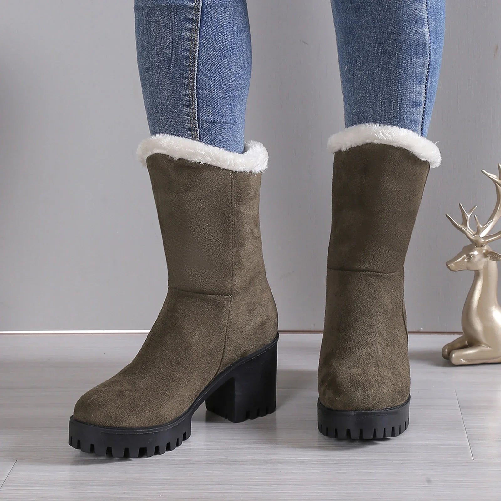 High Wide Warm Heel Hiking Thick Winter Plush Womens Suede Fashion Solid Boots Cotton Ladies Boots